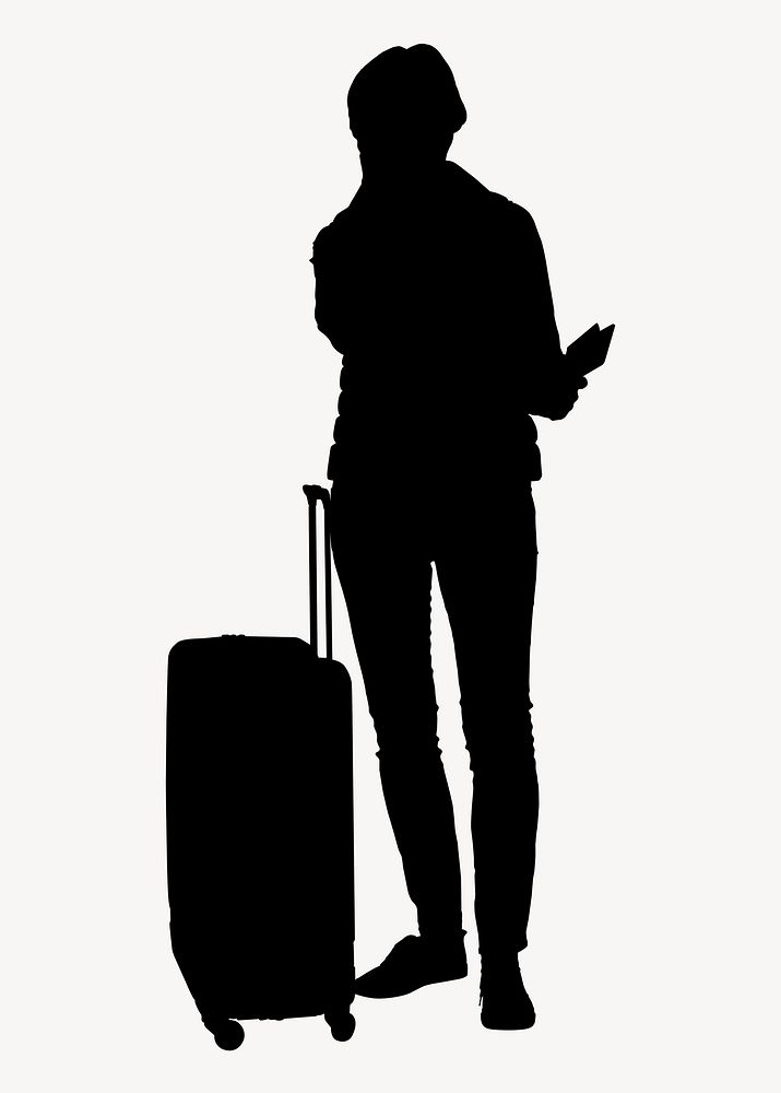 Woman with travel luggage silhouette, full body gesture vector