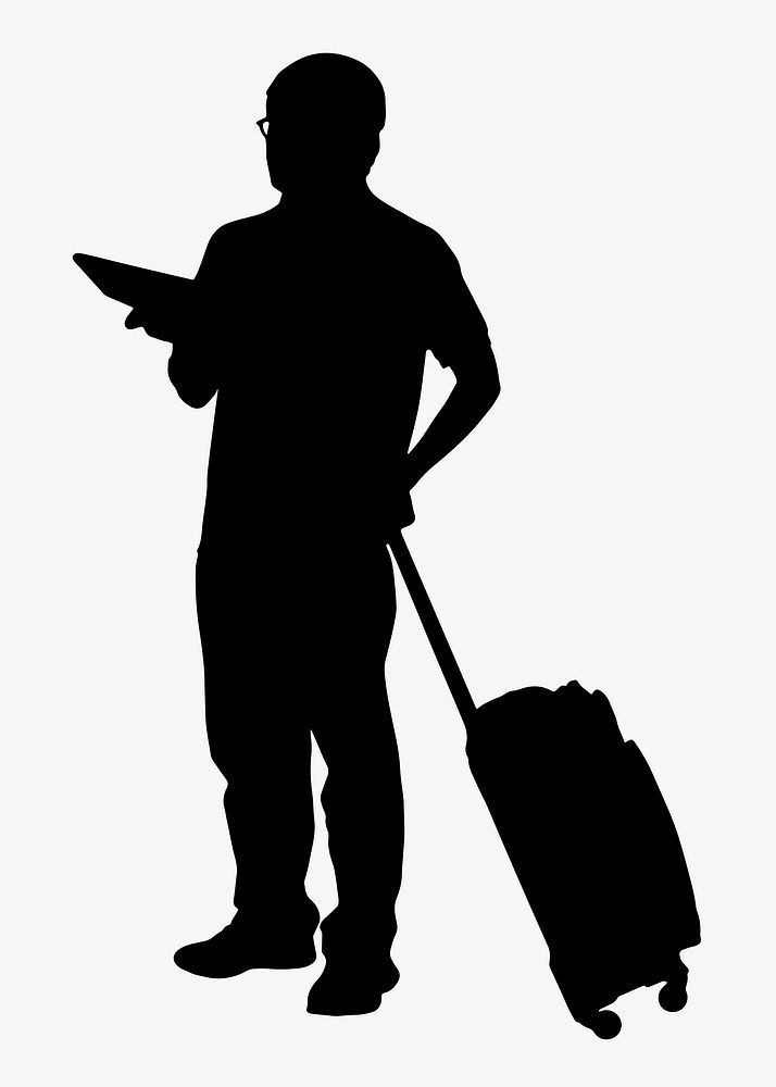 Man with travel luggage silhouette, full body gesture vector