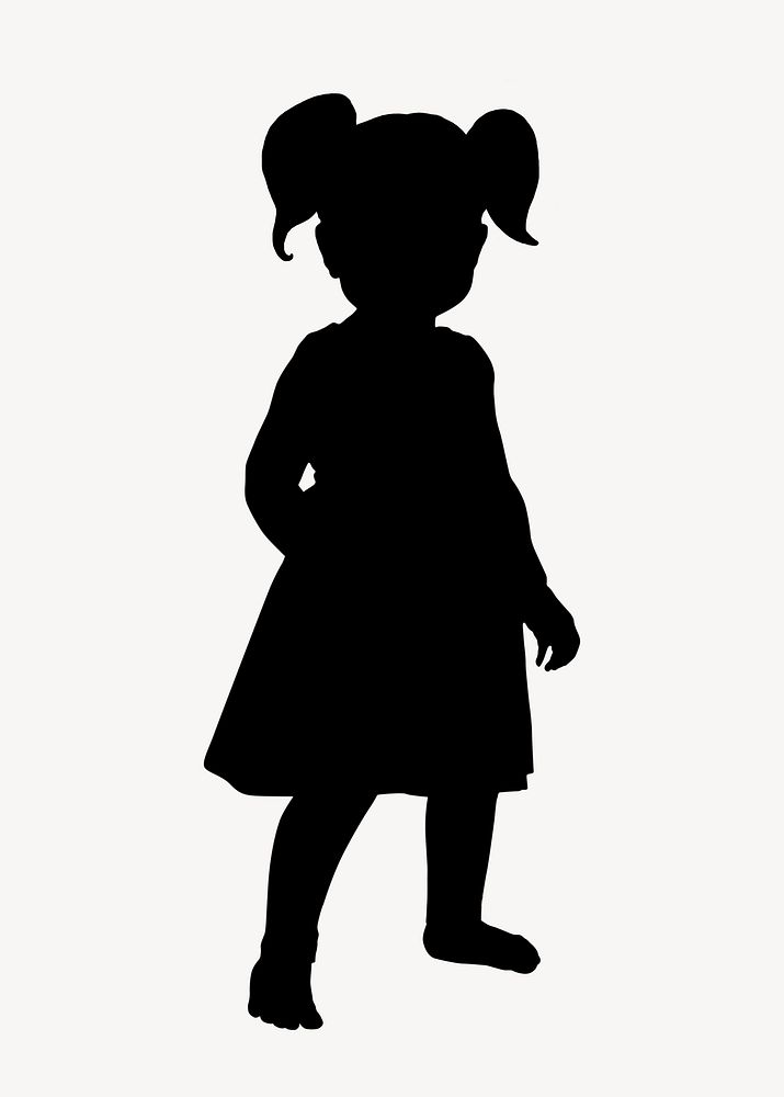 Girl with ponytails silhouette clipart, toddler, full body illustration psd
