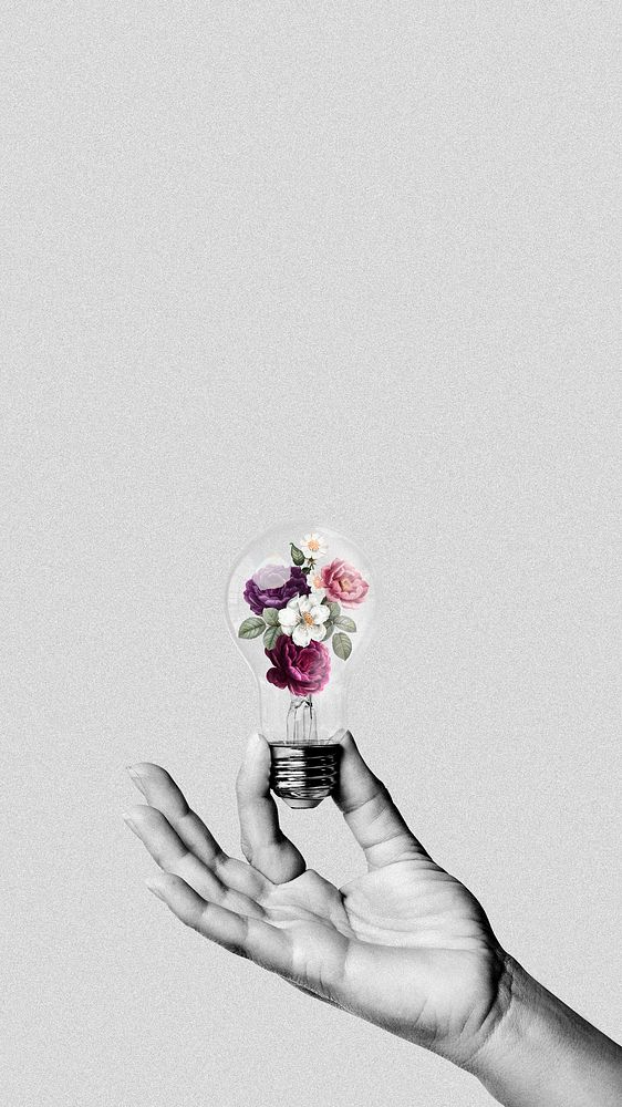 Aesthetic mobile wallpaper, blooming flowers in light bulb