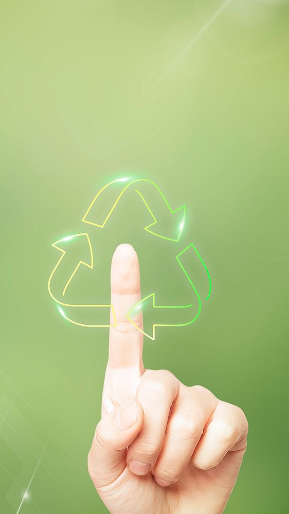 Smart technology phone wallpaper, recycle symbol, finger pressing on green screen