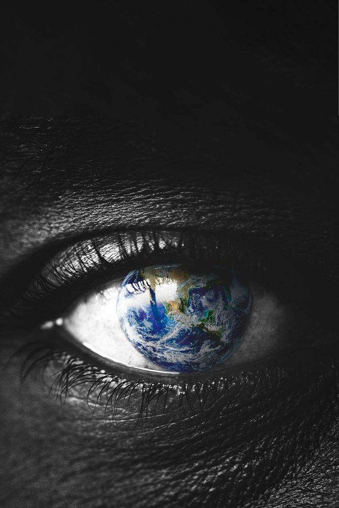 Save the Earth background, woman with a globe in her eye