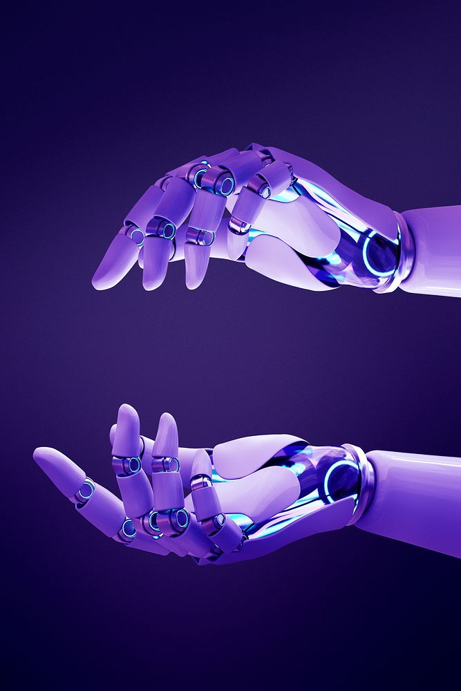 Purple robot hand background, presenting technology gesture