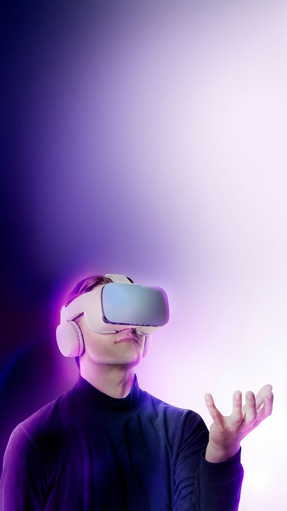 Purple technology mobile wallpaper, man experiencing VR headset