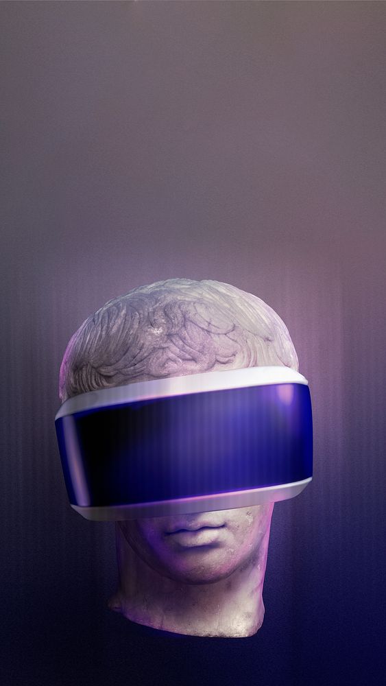 Technology mobile wallpaper, sculpture with VR headset, remixed media
