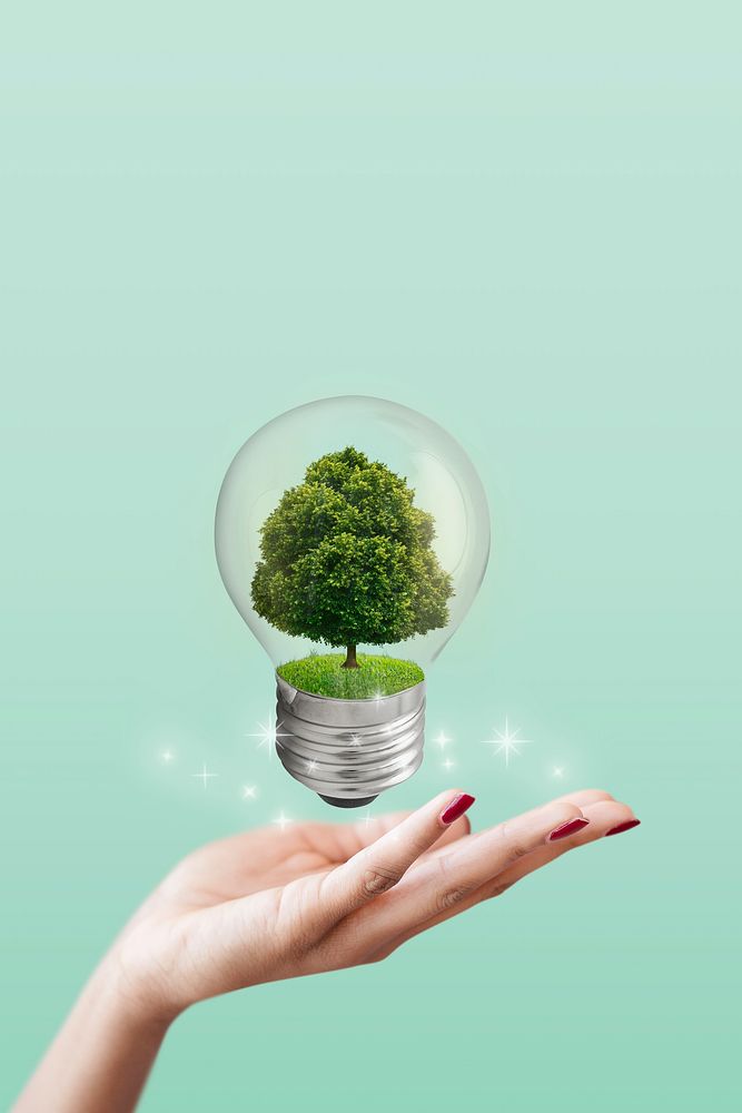 Green energy background, tree in light bulb