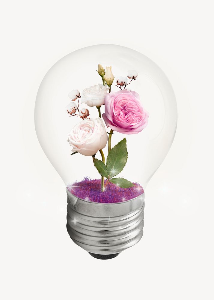 Creative ideas collage element, aesthetic blooming light bulb psd