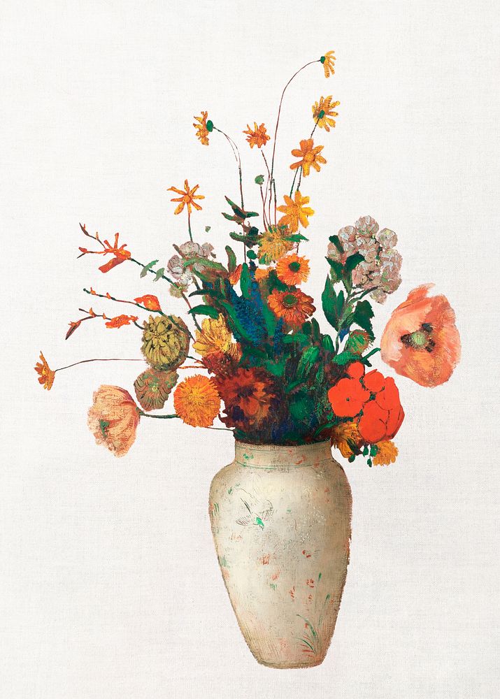 Odilon Redon's Bouquet in a Chinese vase illustration, famous flower artwork, remastered by rawpixel
