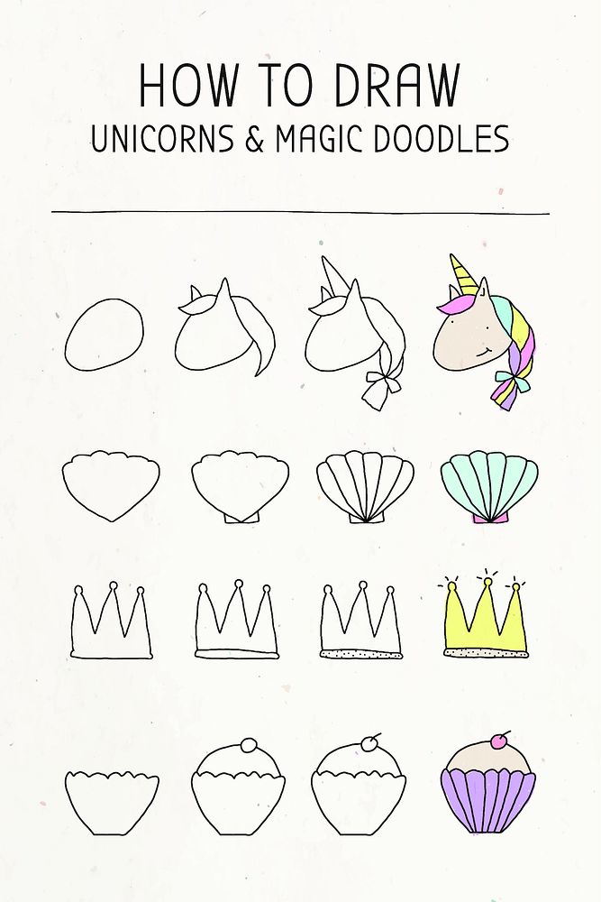 How to draw unicorn and magic doodles tutorial vector