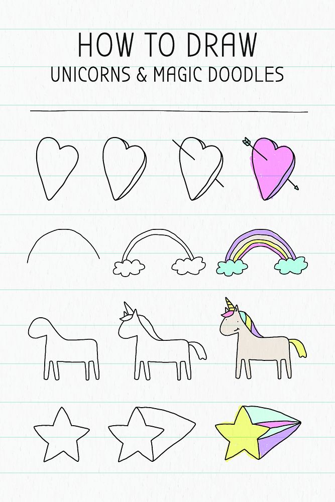 How to draw unicorn and magic doodles tutorial vector