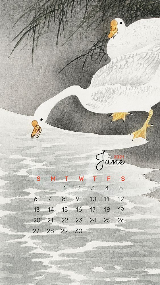 Calendar 2021 June template phone wallpaper psd geese on the shore remix from Ohara Koson
