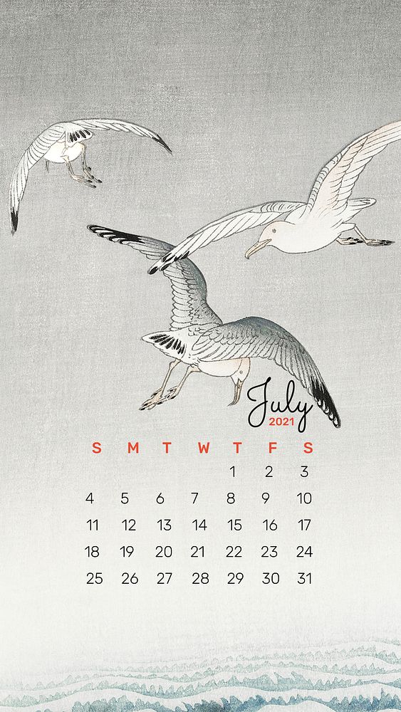 2021 calendar July template phone wallpaper psd seagull birds remix from Ohara Koson