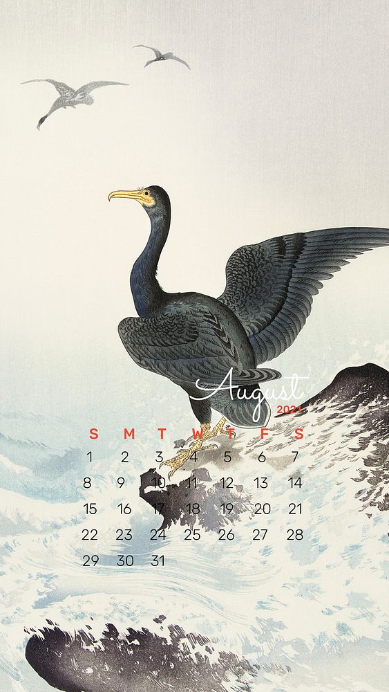 Calendar 2021 August template phone wallpaper psd red mask cormorant on rock remix from Ohara Koson