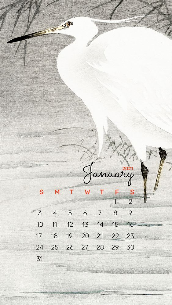 Calendar 2021 January phone wallpaper psd egret bird remix from Ohara Koson