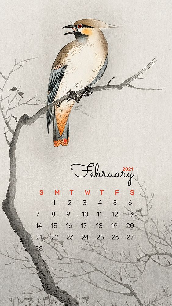 Calendar 2021 February template phone wallpaper psd Japanese plague bird remix from Ohara Koson