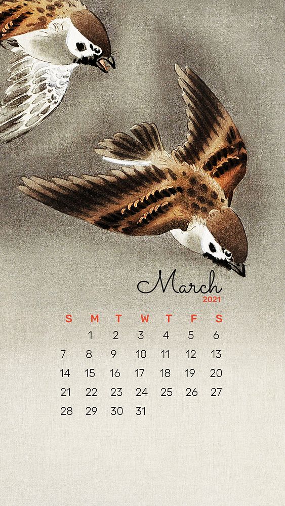 2021 calendar March template phone wallpaper psd ring sparrow bird remix from Ohara Koson