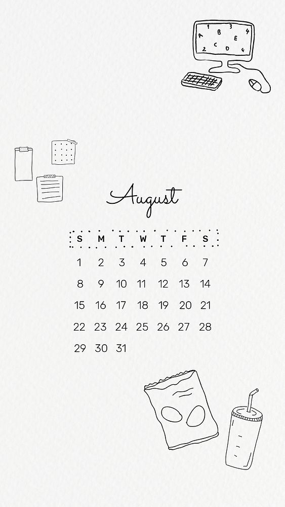 August 2021 mobile wallpaper psd template cute doodle drawing