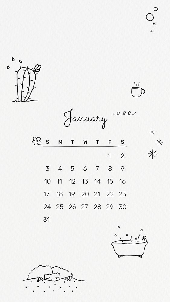 January 2021 mobile wallpaper psd template cute doodle drawing