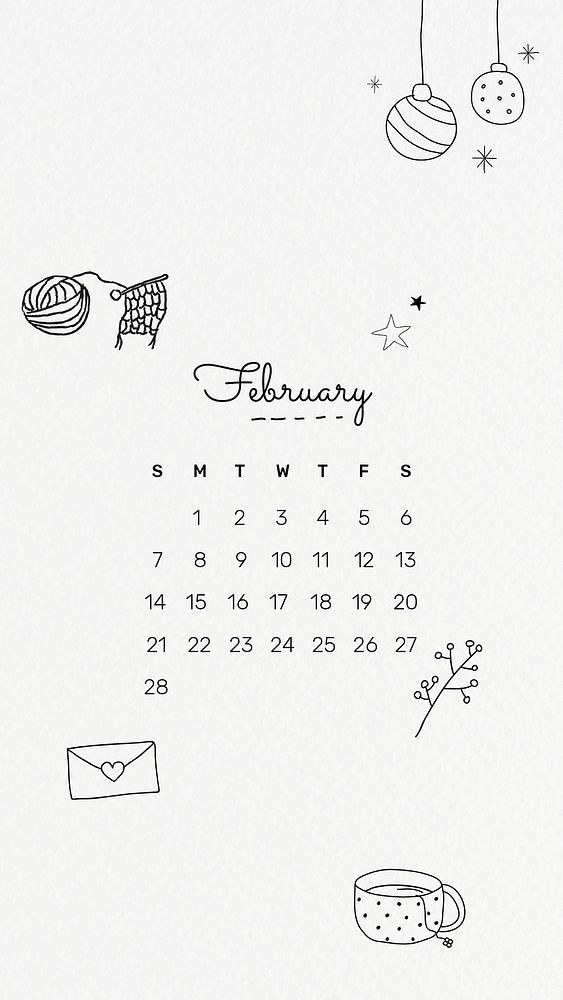 February 2021 mobile wallpaper psd template cute doodle drawing