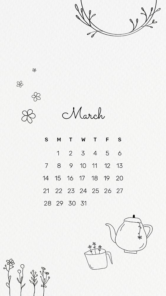 March 2021 mobile wallpaper psd template cute doodle drawing