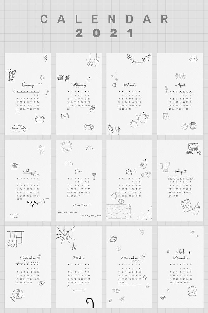 2021 calendar printable template psd monthly set cute doodle drawing