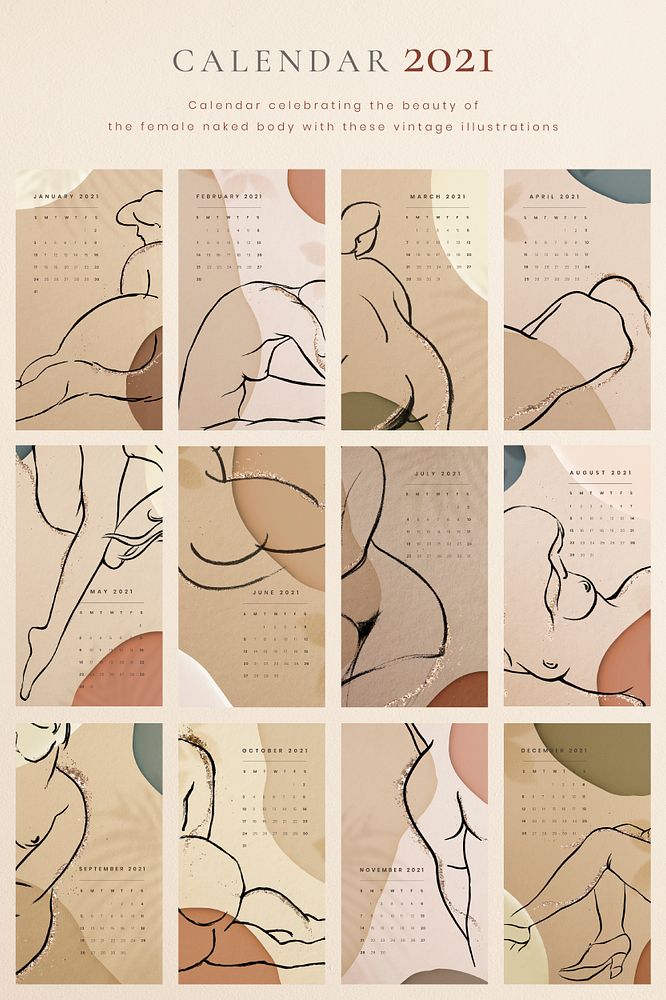 Calendar 2021 printable template psd set sketched nude lady background