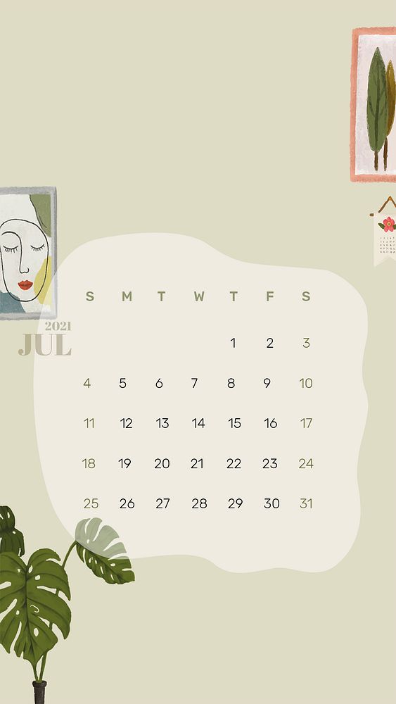 Calendar 2021 July template phone wallpaper psd hand drawn lifestyle