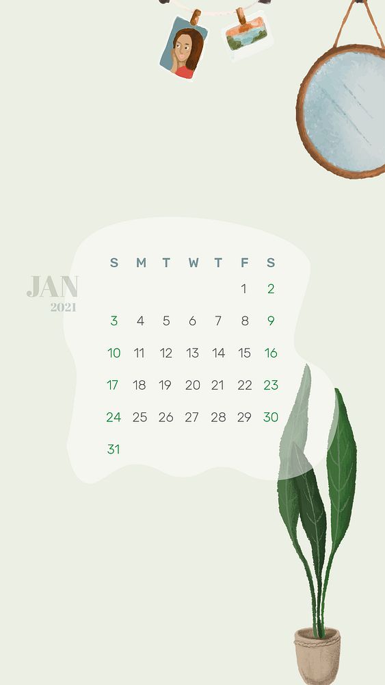 Calendar 2021 January template phone wallpaper psd hand drawn lifestyle