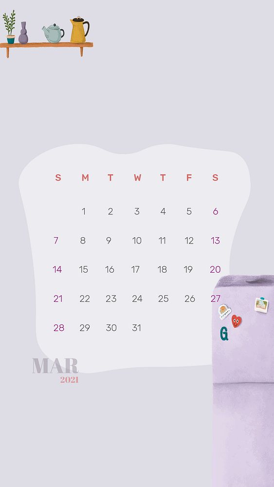 Calendar 2021 March template phone wallpaper psd hand drawn lifestyle