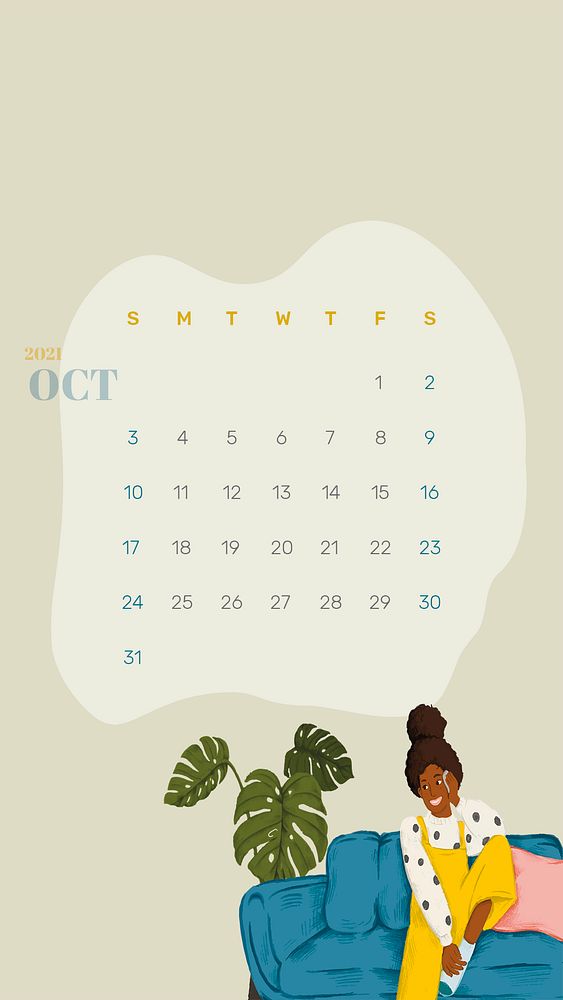 Calendar 2021 October template phone wallpaper psd hand drawn lifestyle