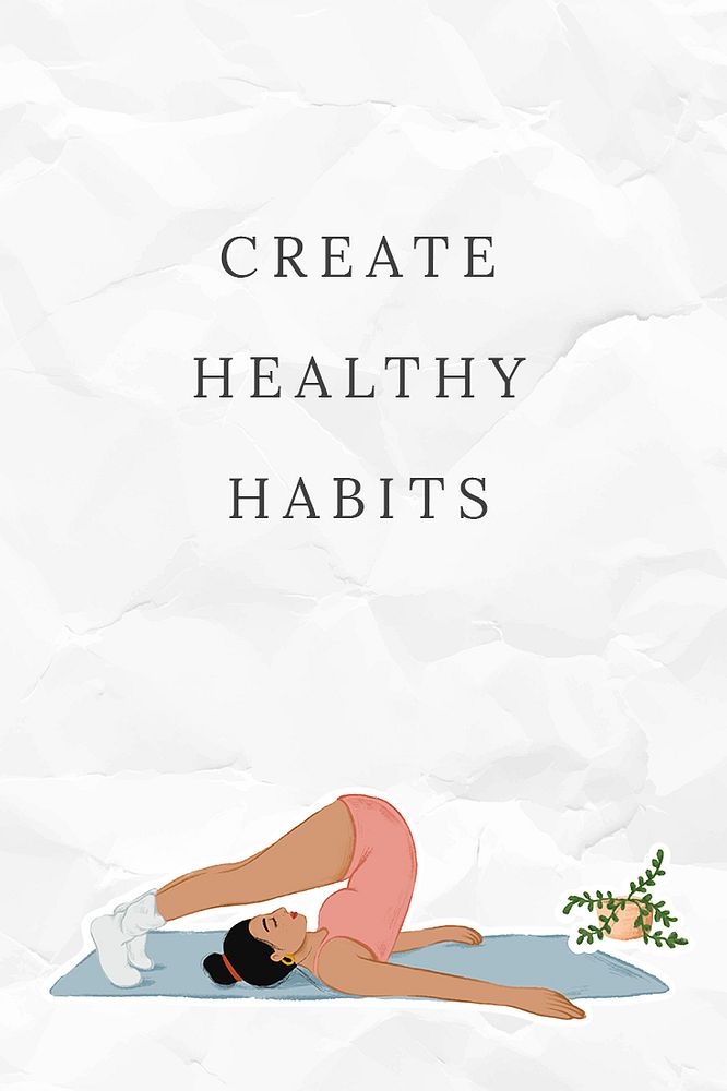 Create healthy habits template psd with woman character doing yoga