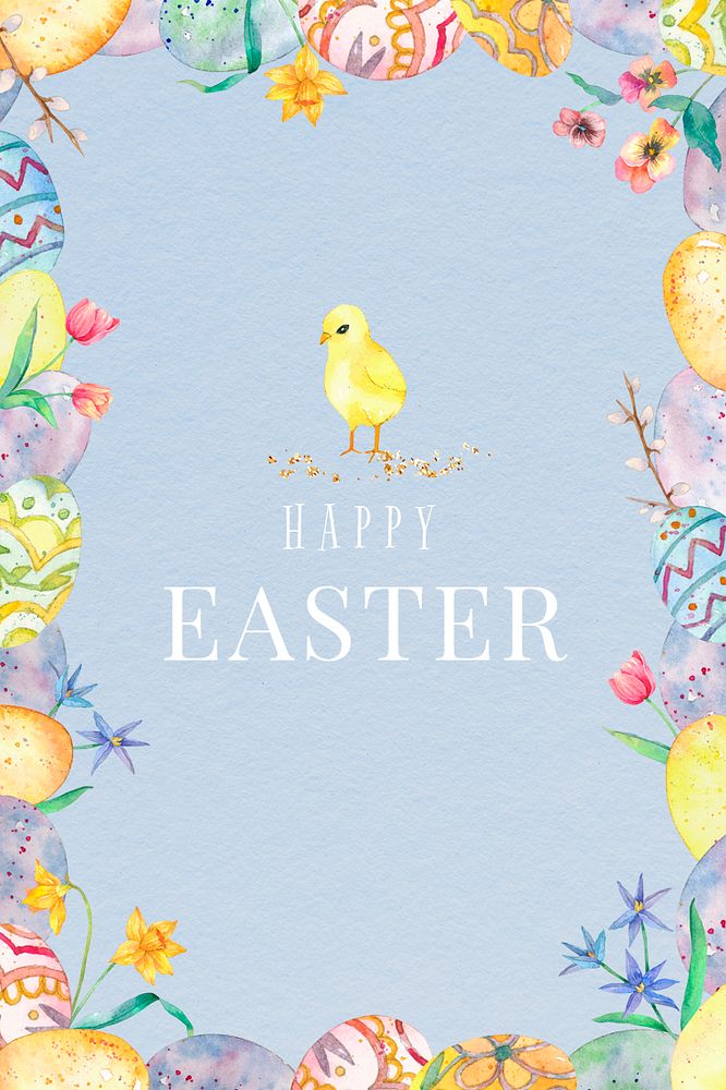 Happy Easter watercolor template psd cute eggs and birds blue greeting banner