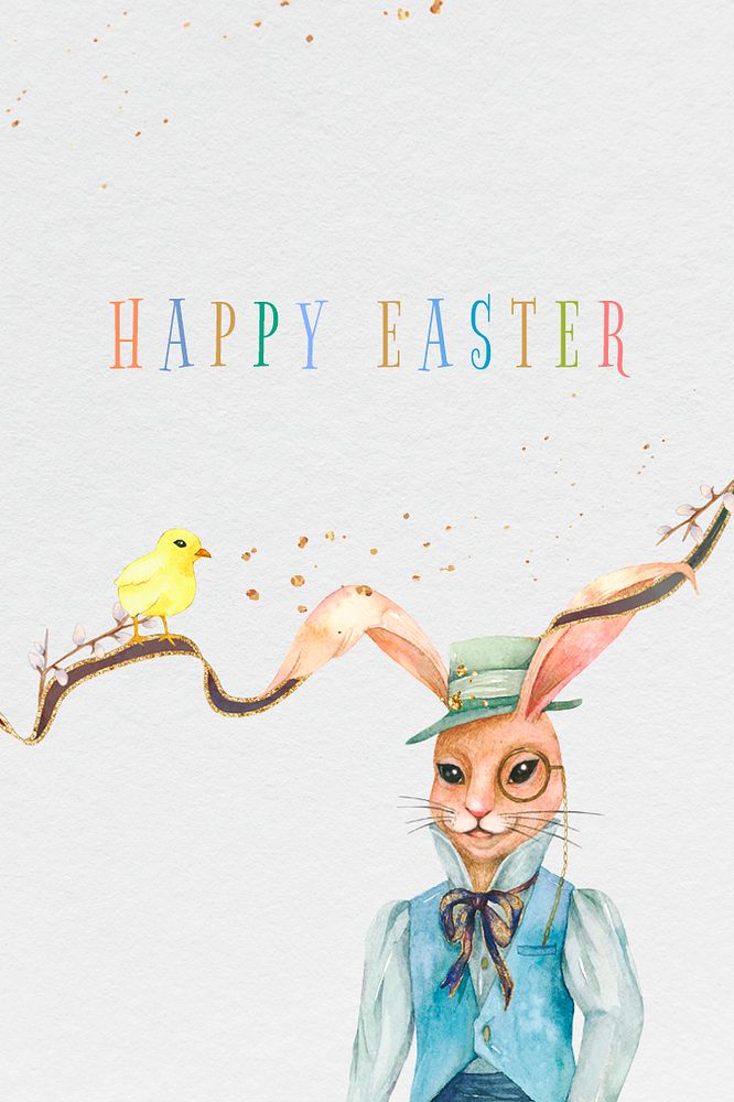 Editable Happy Easter template psd holidays celebration watercolor greeting with bunny vintage illustration