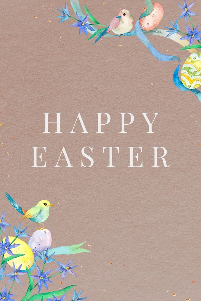 Happy Easter watercolor template psd eggs and birds brown greeting banner