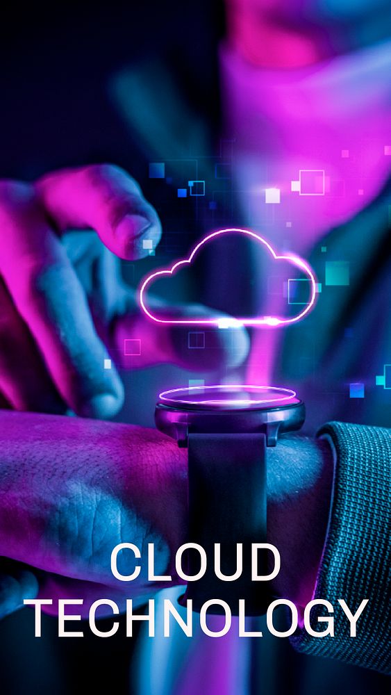 Cloud template psd on hologram smartwatch technology for social media story