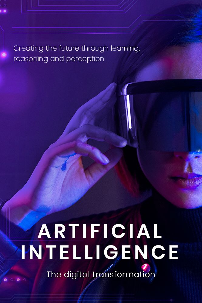 Artificial intelligence banner template psd with woman wearing smart glasses background