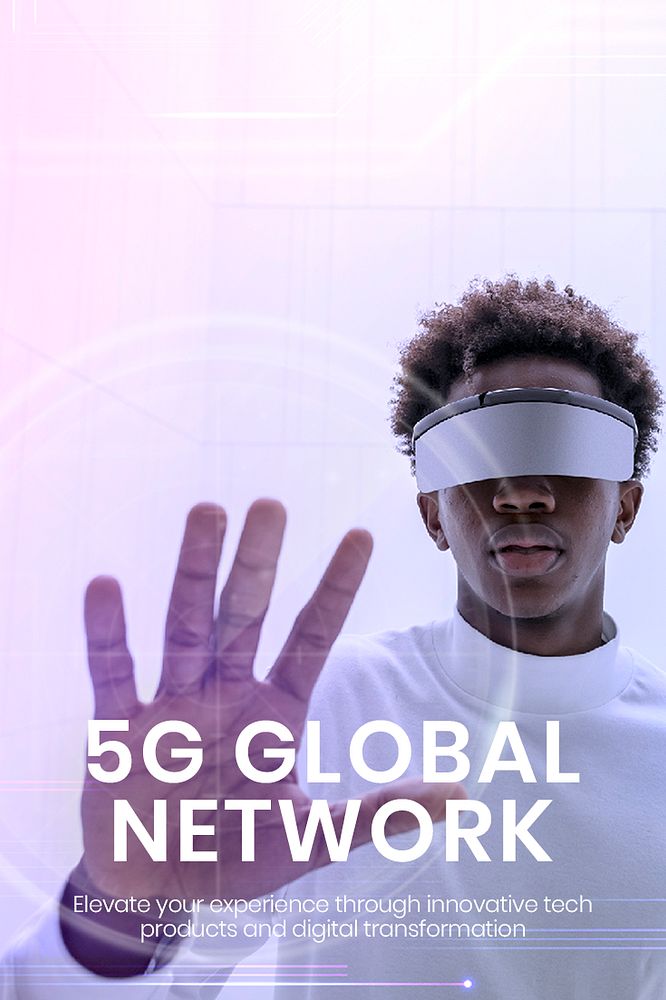 5G global network template psd with man wearing smart glasses background