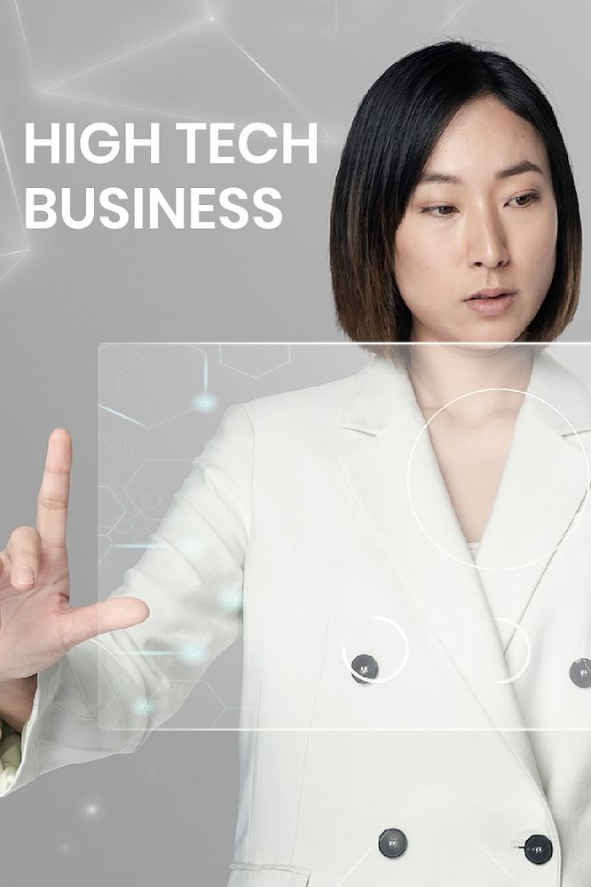 High tech business template psd with woman using virtual screen background