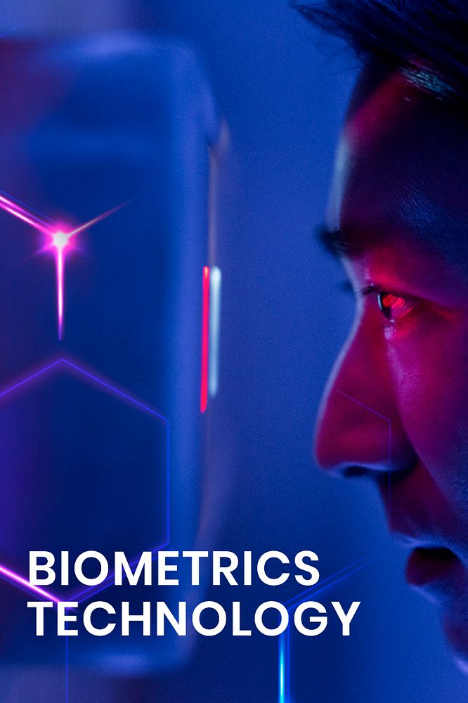 Biometrics technology template psd with man scanning his eyes background