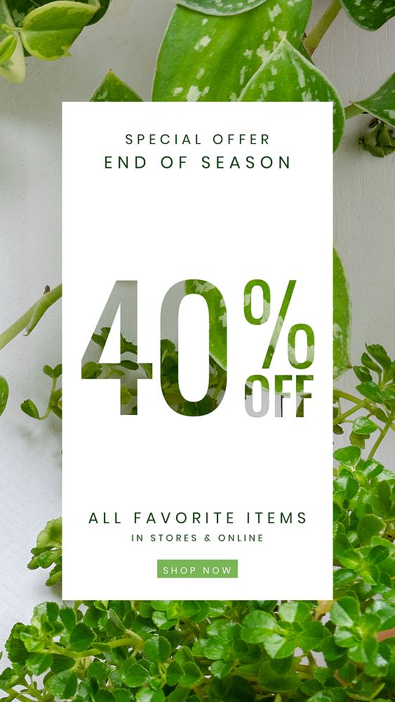 Online houseplant shop template psd with 40% off promotion