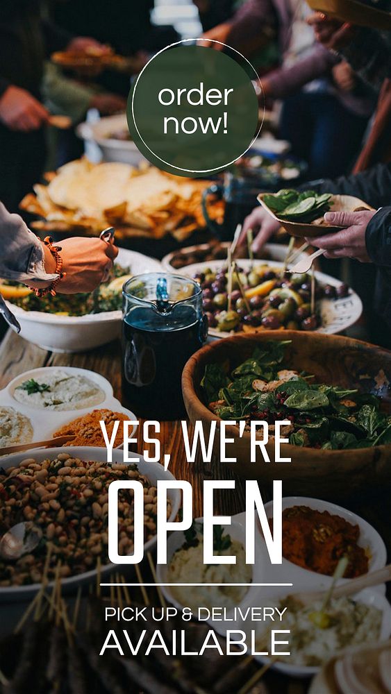 Restaurant business template psd for social media story with &ldquo;yes, we&rsquo;re open&rdquo;