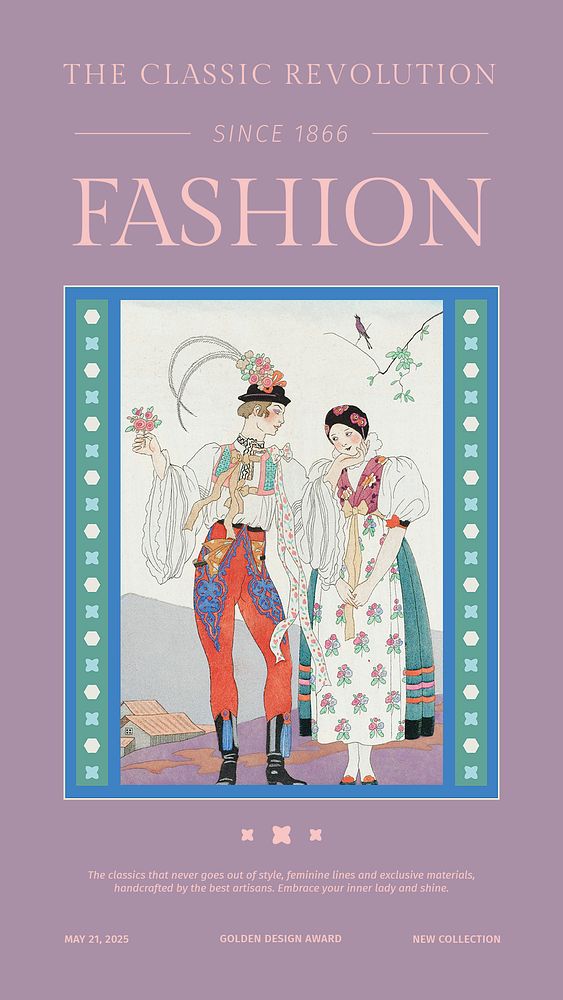 Vintage fashion template psd for a social media story, remix from artworks by George Barbier