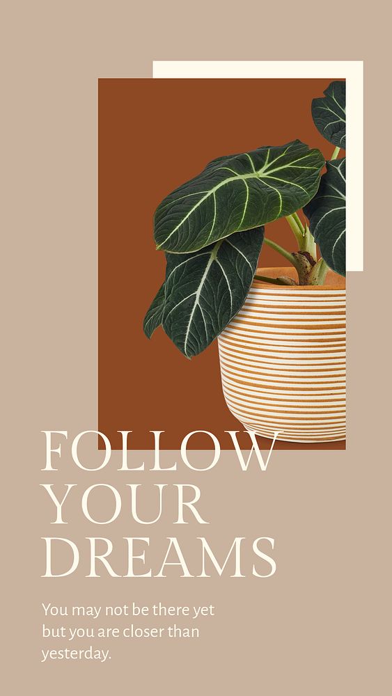 Inspirational quote botanical template psd with plant follow your dreams social media story