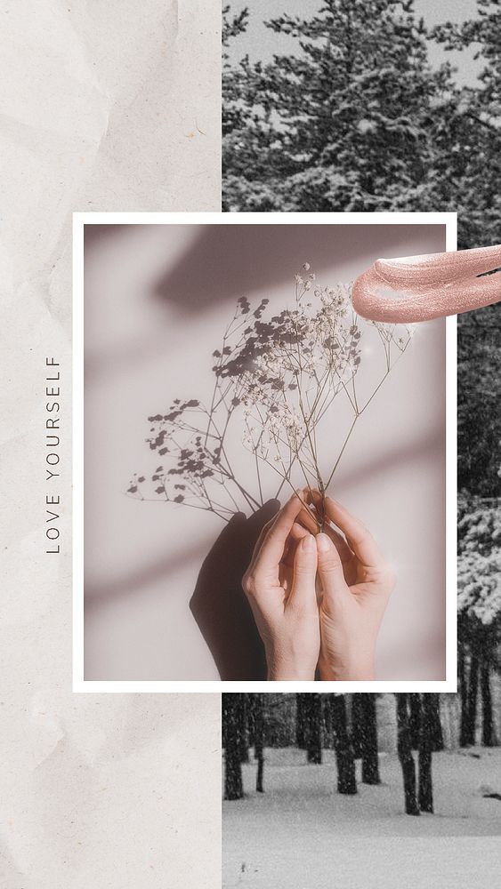 Love yourself Instagram story template, aesthetic botanical collage psd