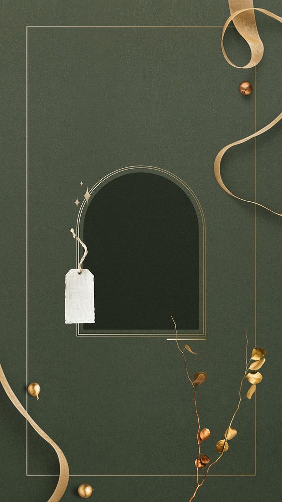 Green festive phone wallpaper, arch frame with gold ribbon