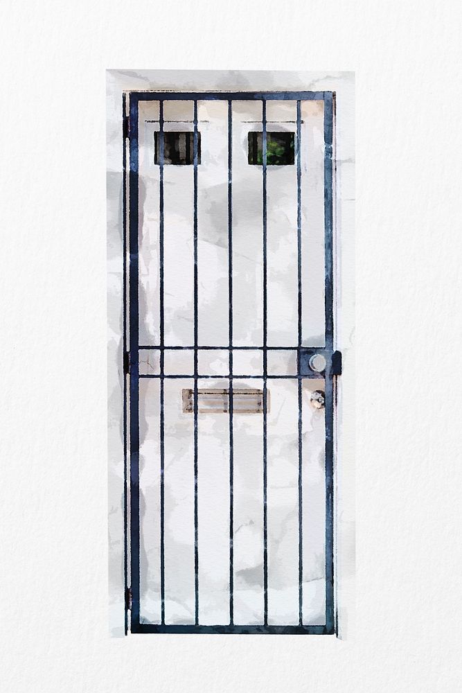 White French door with metal bars, watercolor home security illustration