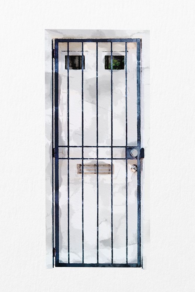 White door with metal bars, watercolor home security illustration psd
