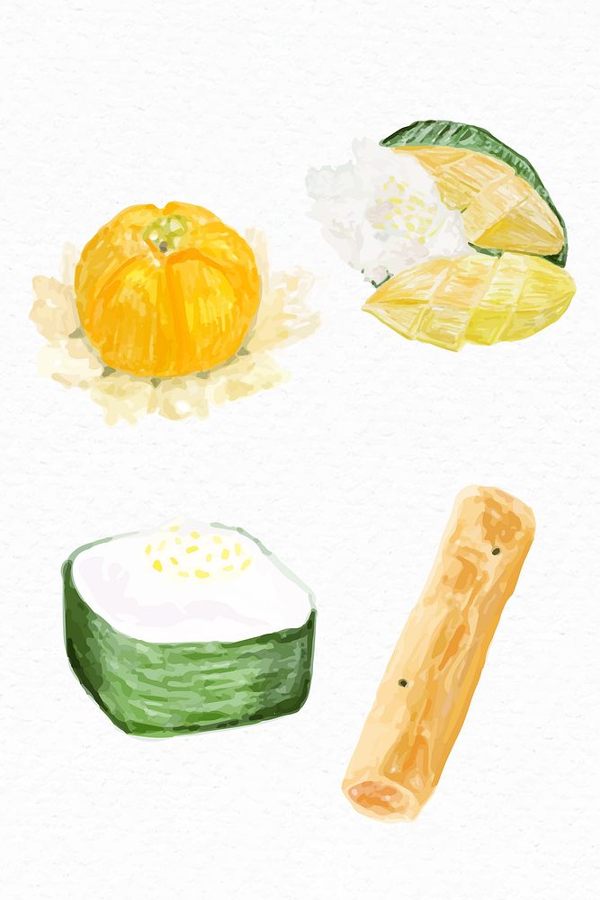 Thai traditional desserts vector watercolor set