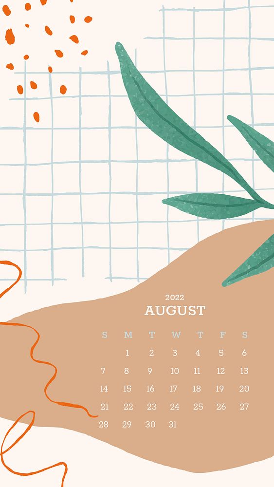 Botanical abstract August monthly calendar iPhone wallpaper psd