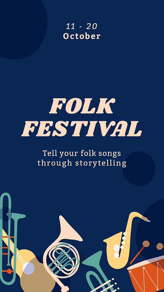 Folk music festival story template, retro instrument design psd
